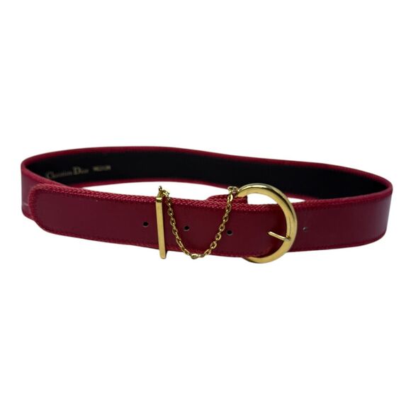 Vintage  Christian Dior Red Leather Belt Brass Buckle‎ Chain Medium - Picture 1 of 8